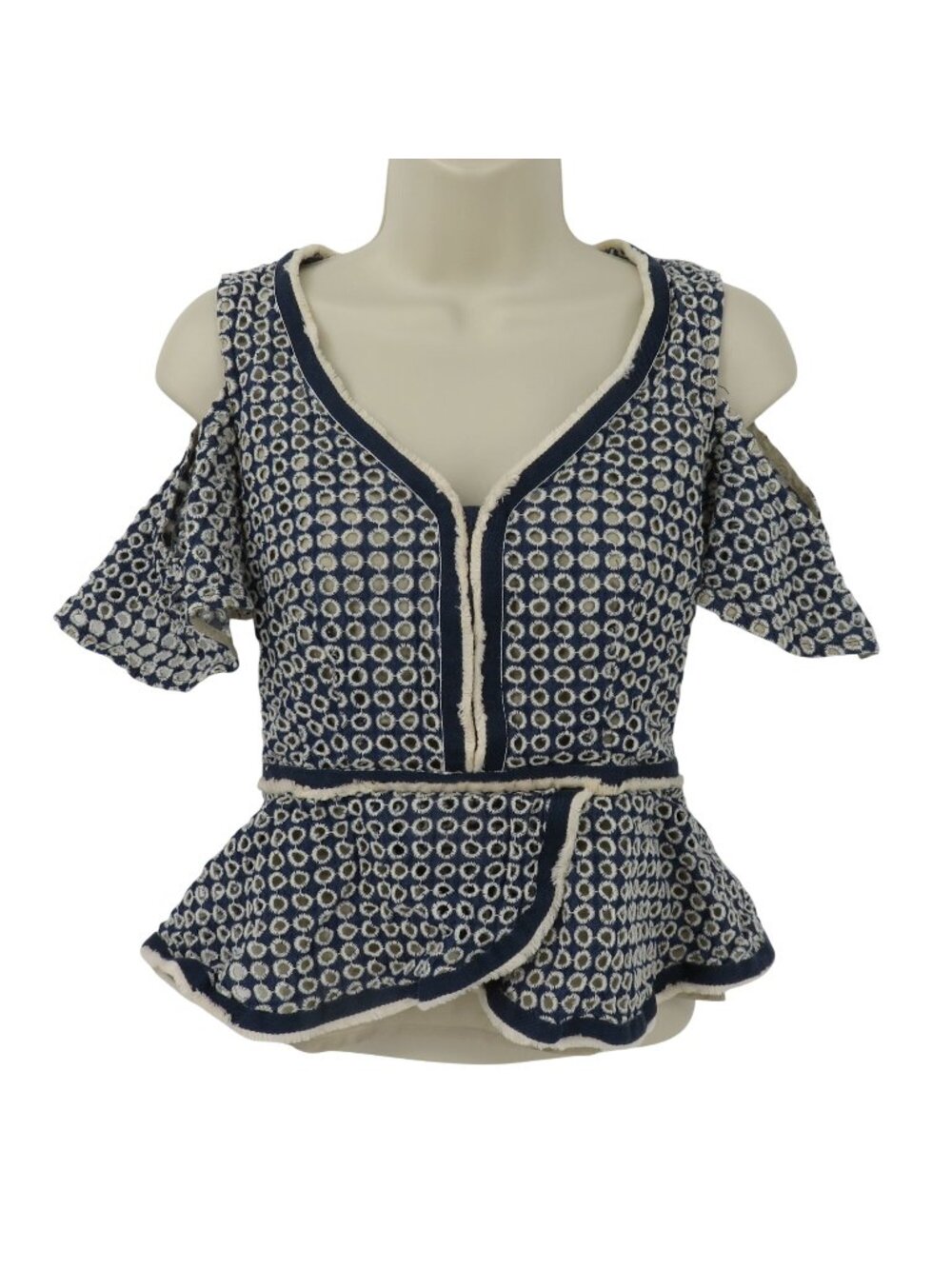 Nanette Lepore Women 2 Blue White Eyelet Cold Shoulder Peplum Top Shirt Raw Hem